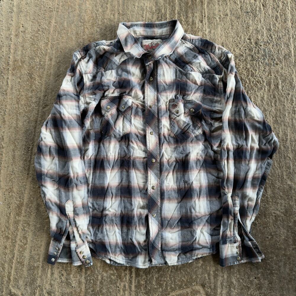 VINTAGE 80S WRANGLER PEARL SNAP PLAID BUTTON UP FLANNEL SHIRT FITS MENS XXL